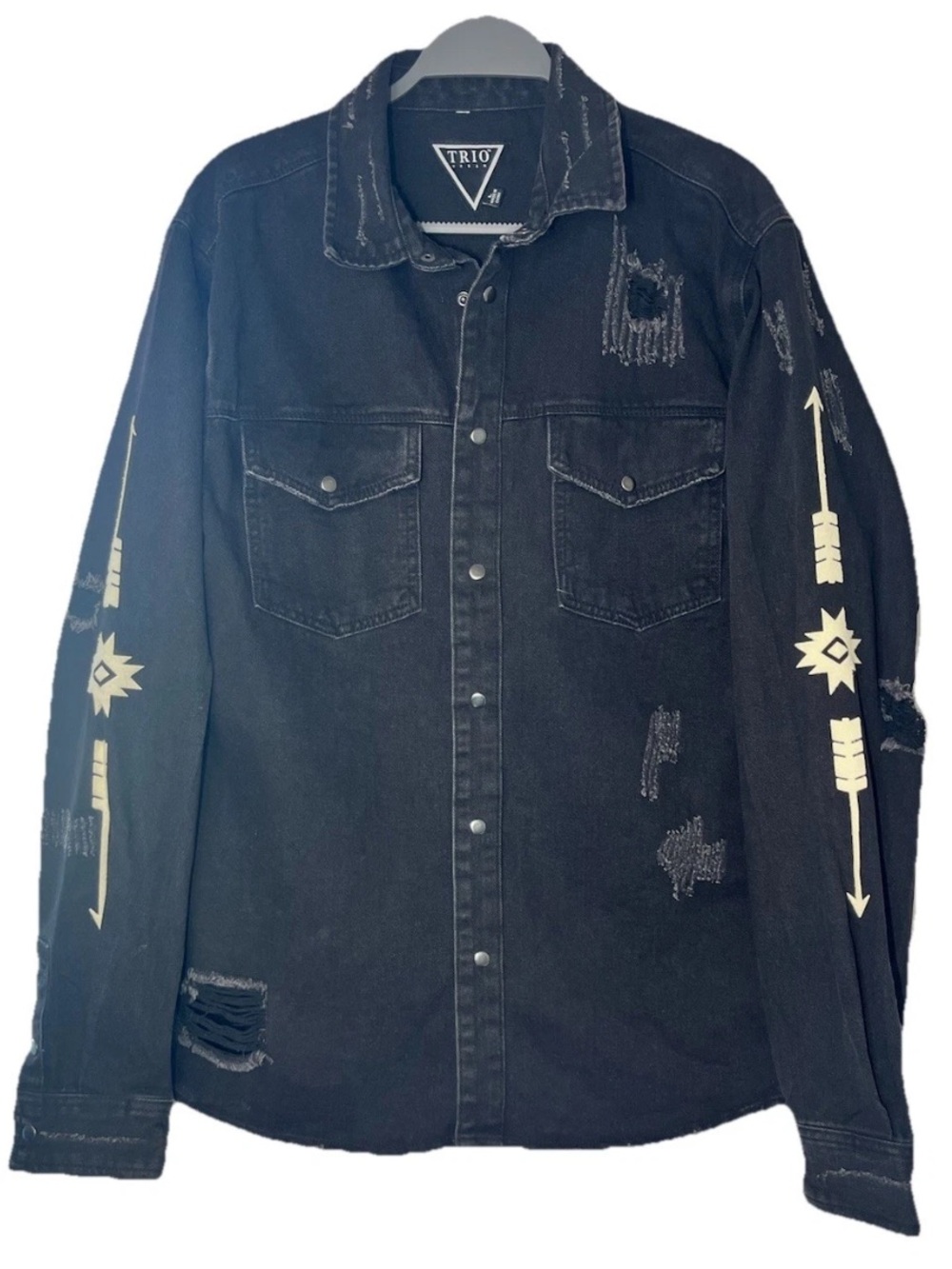 Trio New York Black Distressed Denim Jacket with Cream Arrow Graphics